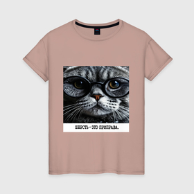 Женская футболка хлопок с принтом Мем кот в очках: шерсть это приправа в Курске, 100% хлопок | прямой крой, круглый вырез горловины, длина до линии бедер, слегка спущенное плечо | 