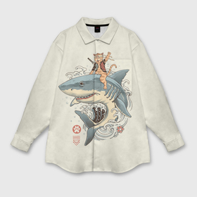 Мужская рубашка oversize 3D с принтом Кот якудза верхом на акуле в Тюмени,  |  | 