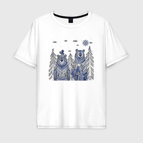 Мужская футболка хлопок Oversize с принтом Два медведя в стиле мезенской росписи в Санкт-Петербурге, 100% хлопок | свободный крой, круглый ворот, “спинка” длиннее передней части | 