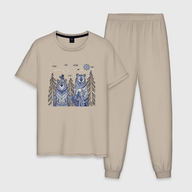 Мужская пижама хлопок с принтом Два медведя в стиле мезенской росписи в Санкт-Петербурге, 100% хлопок | брюки и футболка прямого кроя, без карманов, на брюках мягкая резинка на поясе и по низу штанин
 | 