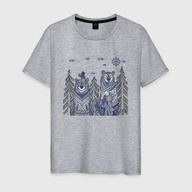 Мужская футболка хлопок с принтом Два медведя в стиле мезенской росписи в Белгороде, 100% хлопок | прямой крой, круглый вырез горловины, длина до линии бедер, слегка спущенное плечо. | 