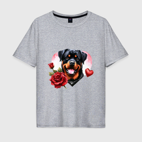 Мужская футболка хлопок Oversize с принтом Ротвейлер с сердцем и розой в Кировске, 100% хлопок | свободный крой, круглый ворот, “спинка” длиннее передней части | 