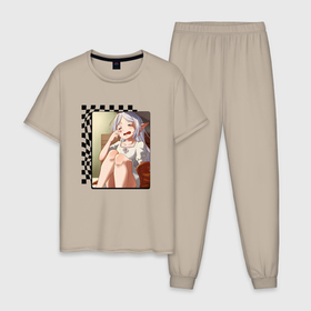 Мужская пижама хлопок с принтом Грустная Фрирен в Курске, 100% хлопок | брюки и футболка прямого кроя, без карманов, на брюках мягкая резинка на поясе и по низу штанин
 | 
