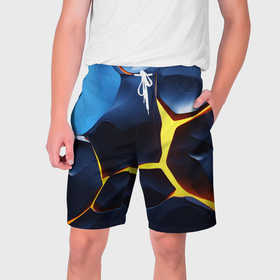 Мужские шорты 3D с принтом Желтый разлом синих плит ,  полиэстер 100% | прямой крой, два кармана без застежек по бокам. Мягкая трикотажная резинка на поясе, внутри которой широкие завязки. Длина чуть выше колен | 