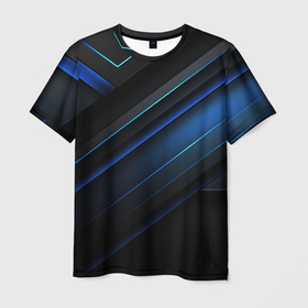 Мужская футболка 3D с принтом Темный синий абстракт с черными элементами , 100% полиэфир | прямой крой, круглый вырез горловины, длина до линии бедер | 