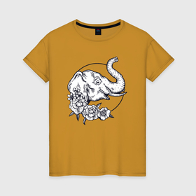 Женская футболка хлопок с принтом Слон и цветы в Кировске, 100% хлопок | прямой крой, круглый вырез горловины, длина до линии бедер, слегка спущенное плечо | 