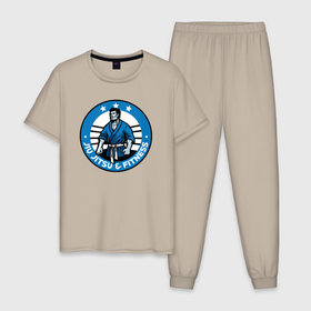 Мужская пижама хлопок с принтом Jiu jitsu and fitness в Петрозаводске, 100% хлопок | брюки и футболка прямого кроя, без карманов, на брюках мягкая резинка на поясе и по низу штанин
 | 