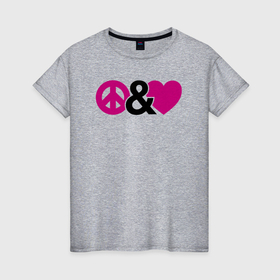 Женская футболка хлопок с принтом Peace and love в Курске, 100% хлопок | прямой крой, круглый вырез горловины, длина до линии бедер, слегка спущенное плечо | Тематика изображения на принте: 