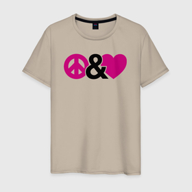 Мужская футболка хлопок с принтом Peace and love в Петрозаводске, 100% хлопок | прямой крой, круглый вырез горловины, длина до линии бедер, слегка спущенное плечо. | 