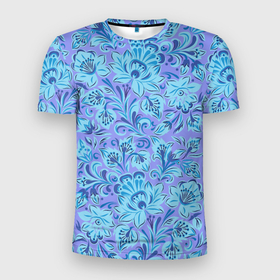 Мужская футболка 3D Slim с принтом Узоры и цветы гжель паттерн в Екатеринбурге, 100% полиэстер с улучшенными характеристиками | приталенный силуэт, круглая горловина, широкие плечи, сужается к линии бедра | 