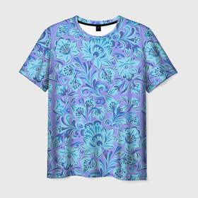 Мужская футболка 3D с принтом Узоры и цветы гжель паттерн в Петрозаводске, 100% полиэфир | прямой крой, круглый вырез горловины, длина до линии бедер | Тематика изображения на принте: 