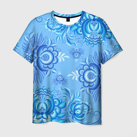 Мужская футболка 3D с принтом Цветы и узоры гжель в Екатеринбурге, 100% полиэфир | прямой крой, круглый вырез горловины, длина до линии бедер | 