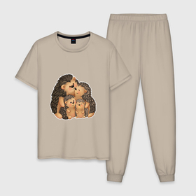 Мужская пижама хлопок с принтом Семейство ёжиков в Санкт-Петербурге, 100% хлопок | брюки и футболка прямого кроя, без карманов, на брюках мягкая резинка на поясе и по низу штанин
 | 