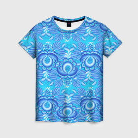 Женская футболка 3D с принтом Гжель узоры с цветами , 100% полиэфир ( синтетическое хлопкоподобное полотно) | прямой крой, круглый вырез горловины, длина до линии бедер | 