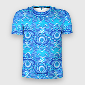 Мужская футболка 3D Slim с принтом Гжель узоры с цветами в Петрозаводске, 100% полиэстер с улучшенными характеристиками | приталенный силуэт, круглая горловина, широкие плечи, сужается к линии бедра | 