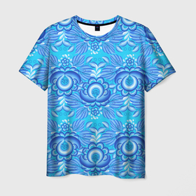 Мужская футболка 3D с принтом Гжель узоры с цветами в Екатеринбурге, 100% полиэфир | прямой крой, круглый вырез горловины, длина до линии бедер | 