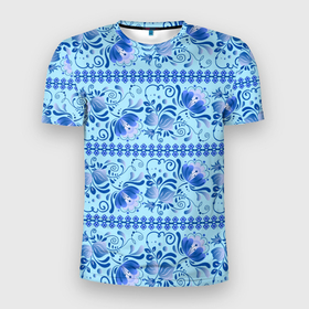 Мужская футболка 3D Slim с принтом Паттерн гжель узоры и цветы в Петрозаводске, 100% полиэстер с улучшенными характеристиками | приталенный силуэт, круглая горловина, широкие плечи, сужается к линии бедра | 