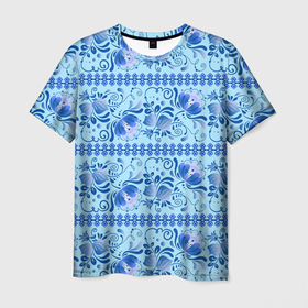 Мужская футболка 3D с принтом Паттерн гжель узоры и цветы в Екатеринбурге, 100% полиэфир | прямой крой, круглый вырез горловины, длина до линии бедер | 