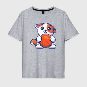 Мужская футболка хлопок Oversize с принтом Котик с мячиком в Кировске, 100% хлопок | свободный крой, круглый ворот, “спинка” длиннее передней части | 