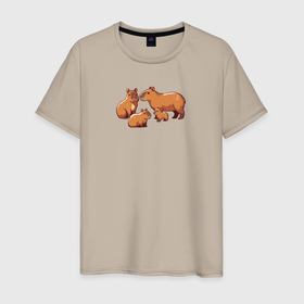 Мужская футболка хлопок с принтом Семейство мультяшных капибар в Курске, 100% хлопок | прямой крой, круглый вырез горловины, длина до линии бедер, слегка спущенное плечо. | 
