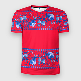Мужская футболка 3D Slim с принтом Голубая гжель на красном фоне в Петрозаводске, 100% полиэстер с улучшенными характеристиками | приталенный силуэт, круглая горловина, широкие плечи, сужается к линии бедра | Тематика изображения на принте: 
