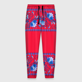 Мужские брюки 3D с принтом Голубая гжель на красном фоне в Петрозаводске, 100% полиэстер | манжеты по низу, эластичный пояс регулируется шнурком, по бокам два кармана без застежек, внутренняя часть кармана из мелкой сетки | 