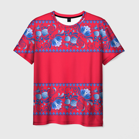 Мужская футболка 3D с принтом Голубая гжель на красном фоне в Петрозаводске, 100% полиэфир | прямой крой, круглый вырез горловины, длина до линии бедер | 