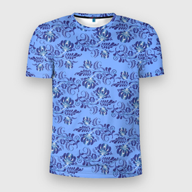 Мужская футболка 3D Slim с принтом Узоры гжель на голубом фоне в Екатеринбурге, 100% полиэстер с улучшенными характеристиками | приталенный силуэт, круглая горловина, широкие плечи, сужается к линии бедра | 