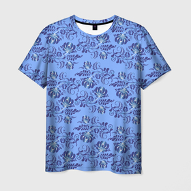 Мужская футболка 3D с принтом Узоры гжель на голубом фоне в Екатеринбурге, 100% полиэфир | прямой крой, круглый вырез горловины, длина до линии бедер | 