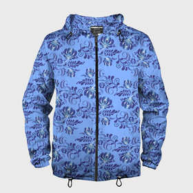 Мужская ветровка 3D с принтом Узоры гжель на голубом фоне в Екатеринбурге, 100% полиэстер | подол и капюшон оформлены резинкой с фиксаторами, два кармана без застежек по бокам, один потайной карман на груди | 