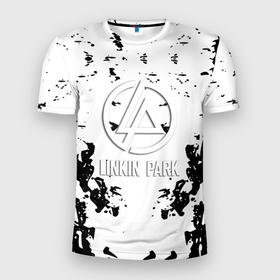 Мужская футболка 3D Slim с принтом Linkin park краски лого чёрно белый в Санкт-Петербурге, 100% полиэстер с улучшенными характеристиками | приталенный силуэт, круглая горловина, широкие плечи, сужается к линии бедра | Тематика изображения на принте: 
