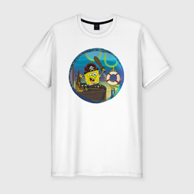 Мужская футболка хлопок Slim с принтом Спанч Боб пират в Тюмени, 92% хлопок, 8% лайкра | приталенный силуэт, круглый вырез ворота, длина до линии бедра, короткий рукав | 