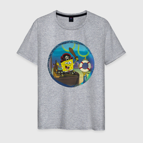 Мужская футболка хлопок с принтом Спанч Боб пират в Екатеринбурге, 100% хлопок | прямой крой, круглый вырез горловины, длина до линии бедер, слегка спущенное плечо. | 