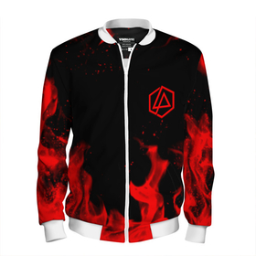 Мужской бомбер 3D с принтом Linkin Park красный огонь лого , 100% полиэстер | застегивается на молнию, по бокам два кармана без застежек, по низу бомбера и на воротнике - эластичная резинка | Тематика изображения на принте: 