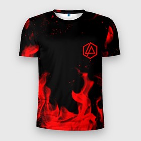 Мужская футболка 3D Slim с принтом Linkin Park красный огонь лого в Белгороде, 100% полиэстер с улучшенными характеристиками | приталенный силуэт, круглая горловина, широкие плечи, сужается к линии бедра | Тематика изображения на принте: 