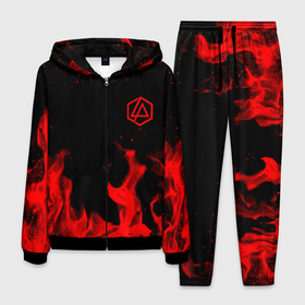 Мужской костюм 3D с принтом Linkin Park красный огонь лого в Новосибирске, 100% полиэстер | Манжеты и пояс оформлены тканевой резинкой, двухслойный капюшон со шнурком для регулировки, карманы спереди | 