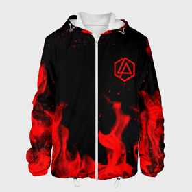 Мужская куртка 3D с принтом Linkin Park красный огонь лого , ткань верха — 100% полиэстер, подклад — флис | прямой крой, подол и капюшон оформлены резинкой с фиксаторами, два кармана без застежек по бокам, один большой потайной карман на груди. Карман на груди застегивается на липучку | Тематика изображения на принте: 