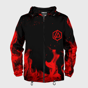 Мужская ветровка 3D с принтом Linkin Park красный огонь лого , 100% полиэстер | подол и капюшон оформлены резинкой с фиксаторами, два кармана без застежек по бокам, один потайной карман на груди | Тематика изображения на принте: 
