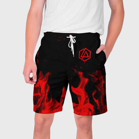 Мужские шорты 3D с принтом Linkin Park красный огонь лого в Белгороде,  полиэстер 100% | прямой крой, два кармана без застежек по бокам. Мягкая трикотажная резинка на поясе, внутри которой широкие завязки. Длина чуть выше колен | Тематика изображения на принте: 