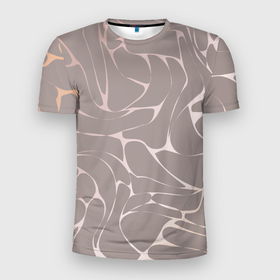 Мужская футболка 3D Slim с принтом Серебристый узор изгибами на бежевом в Петрозаводске, 100% полиэстер с улучшенными характеристиками | приталенный силуэт, круглая горловина, широкие плечи, сужается к линии бедра | 