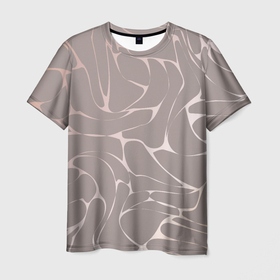 Мужская футболка 3D с принтом Серебристый узор изгибами на бежевом в Курске, 100% полиэфир | прямой крой, круглый вырез горловины, длина до линии бедер | 