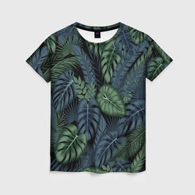 Женская футболка 3D с принтом Листья тропические в Петрозаводске, 100% полиэфир ( синтетическое хлопкоподобное полотно) | прямой крой, круглый вырез горловины, длина до линии бедер | 