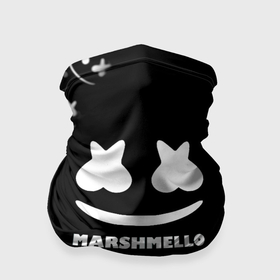 Бандана-труба 3D с принтом Marshmello белое лого в Тюмени, 100% полиэстер, ткань с особыми свойствами — Activecool | плотность 150‒180 г/м2; хорошо тянется, но сохраняет форму | Тематика изображения на принте: 