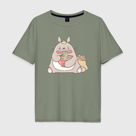 Мужская футболка хлопок Oversize с принтом Тоторо ест лапшу в Курске, 100% хлопок | свободный крой, круглый ворот, “спинка” длиннее передней части | Тематика изображения на принте: 