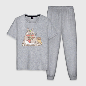 Мужская пижама хлопок с принтом Тоторо ест лапшу в Санкт-Петербурге, 100% хлопок | брюки и футболка прямого кроя, без карманов, на брюках мягкая резинка на поясе и по низу штанин
 | 