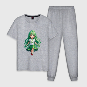 Мужская пижама хлопок с принтом Девочка с зелеными волосами в Тюмени, 100% хлопок | брюки и футболка прямого кроя, без карманов, на брюках мягкая резинка на поясе и по низу штанин
 | 