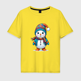 Мужская футболка хлопок Oversize с принтом Снеговик в шапочке и с шарфом в Тюмени, 100% хлопок | свободный крой, круглый ворот, “спинка” длиннее передней части | Тематика изображения на принте: 