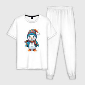 Мужская пижама хлопок с принтом Снеговик в шапочке и с шарфом в Тюмени, 100% хлопок | брюки и футболка прямого кроя, без карманов, на брюках мягкая резинка на поясе и по низу штанин
 | 