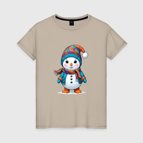 Женская футболка хлопок с принтом Снеговик в шапочке и с шарфом в Тюмени, 100% хлопок | прямой крой, круглый вырез горловины, длина до линии бедер, слегка спущенное плечо | Тематика изображения на принте: 