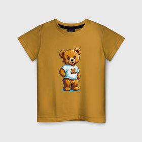 Детская футболка хлопок с принтом Медвежонок в футболке , 100% хлопок | круглый вырез горловины, полуприлегающий силуэт, длина до линии бедер | 